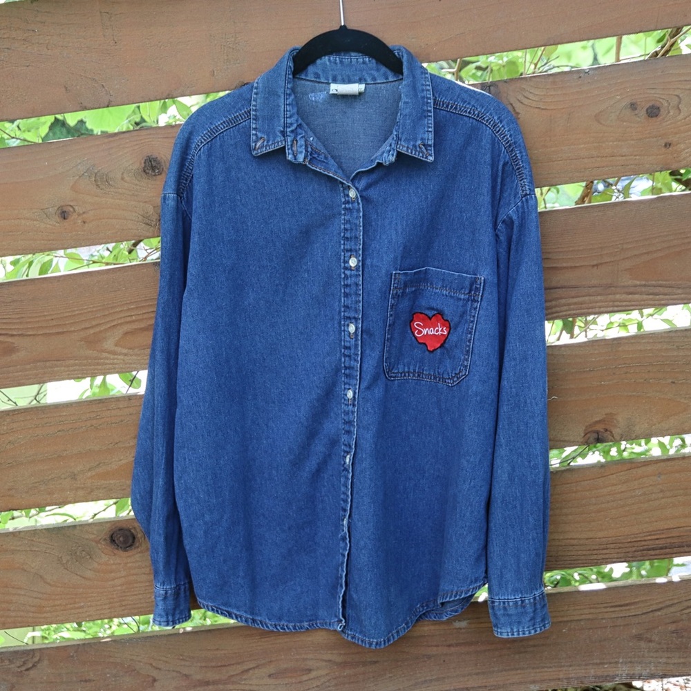 Vintage Upcycled Denim Shirt with Snacks Patch